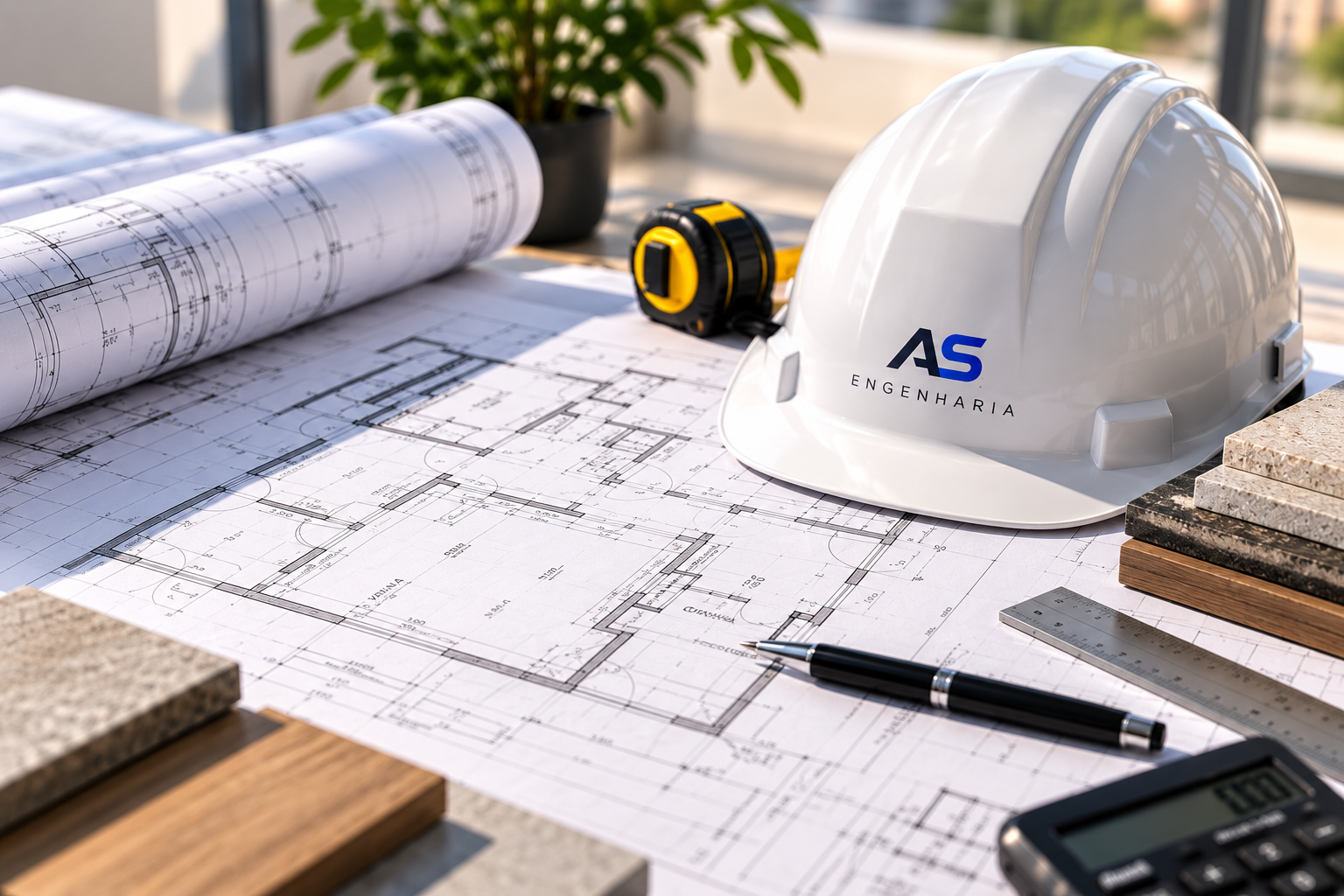 Composição de engenharia civil da AS Engenharia com capacete, planta e instrumentos técnicos